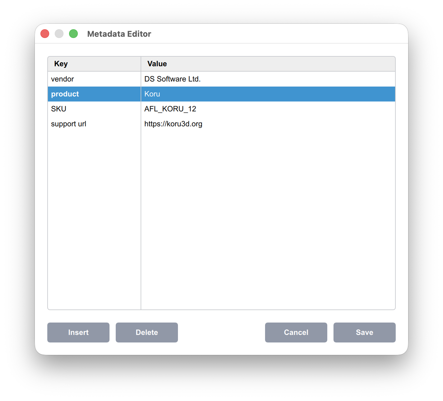 Koru Metadata Editor with values