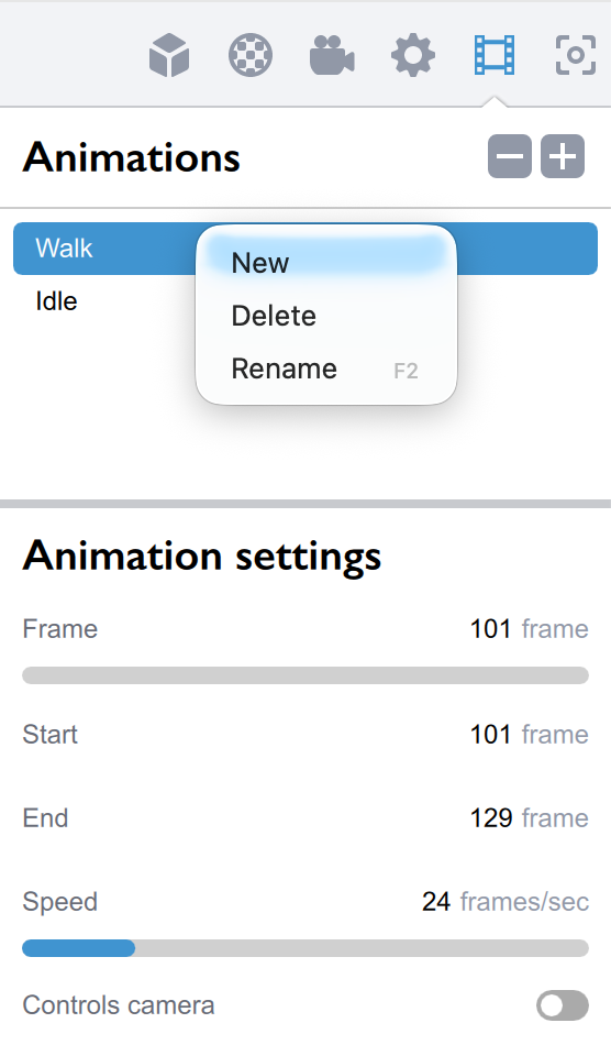 Animations panel popup menu in Koru