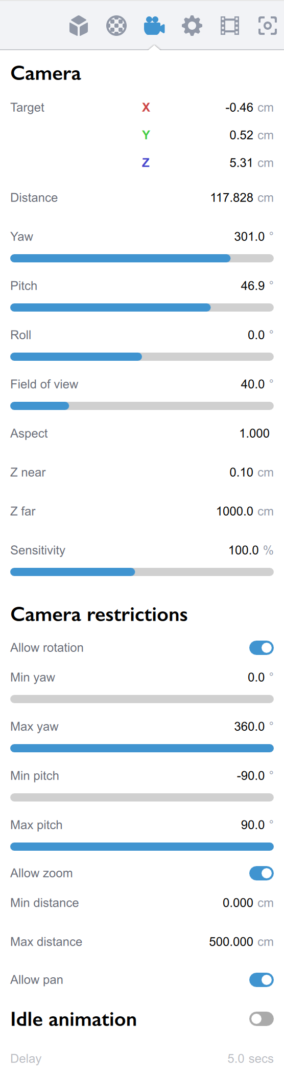 Camera settings panel in Koru
