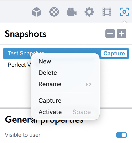 Snapshots panel in Koru